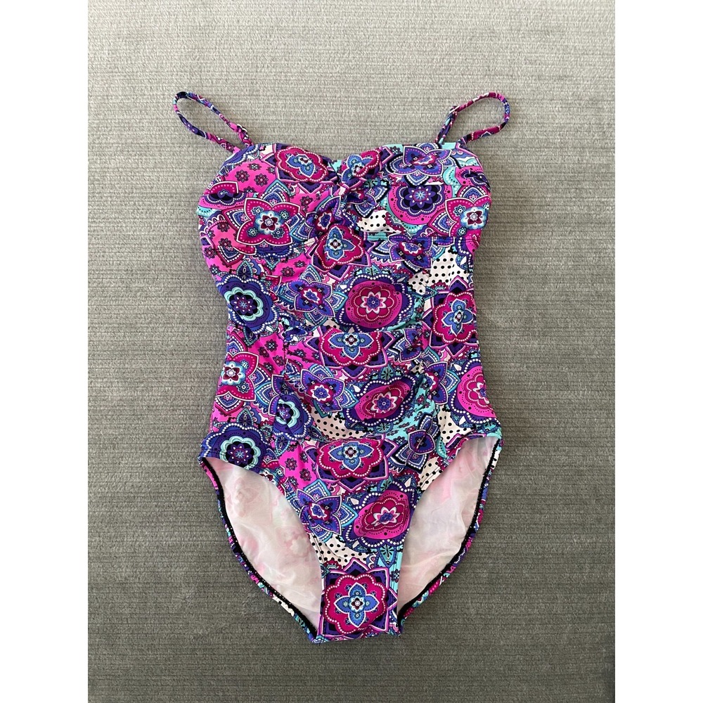 Assets Spanx Swimsuit Women M Pink Paisley Shaping One Piece Beach Vacation Pool